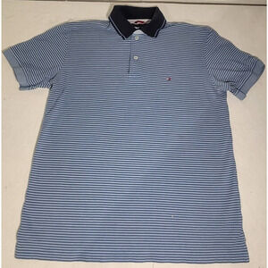 Tommy Hilfiger Men's Polo Shirt Medium Dark Blue Striped Short Sleeve